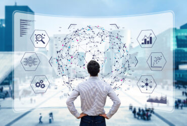 Big data analytics visualization technology with scientist analyzing information structure on screen with machine learning to extract strategical prediction for business, finance, internet of things