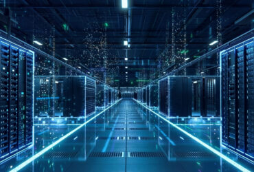 Modern data center facility showcasing advanced digital infrastructure for cloud computing, data storage, and network security. Represents high-performance technology, big data processing, artificial