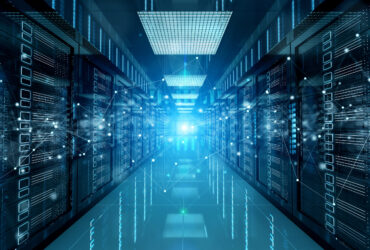 Connection network in dark servers data center room storage systems 3D rendering