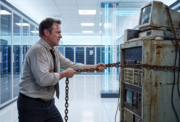 Businessman pulling old rusted computer rack with chains in modern server room